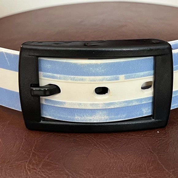 C4 Equestrian Belt w C4 Black Buckle, White with Light Blue Stripes, Small - Picture 2 of 11